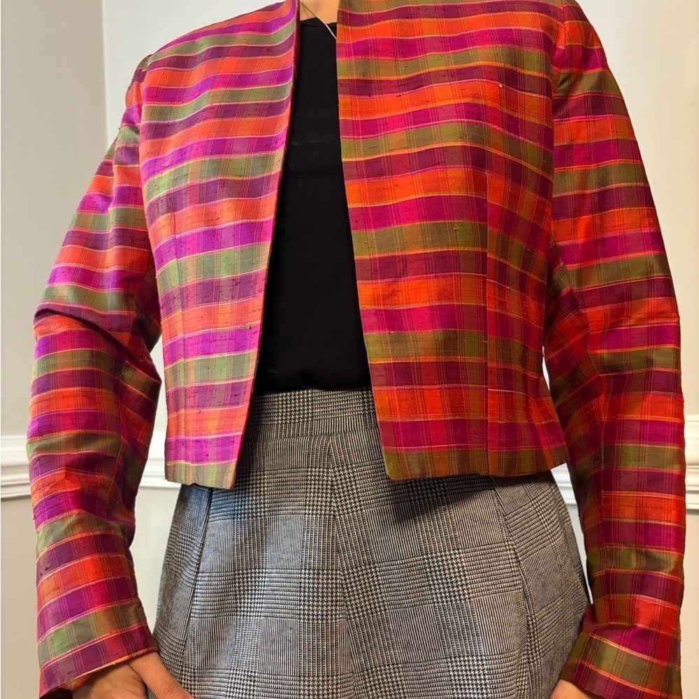 Vintage Retro Plaid Fuchsia Green Whimsical Silk Indie Eclectic Small Blazer